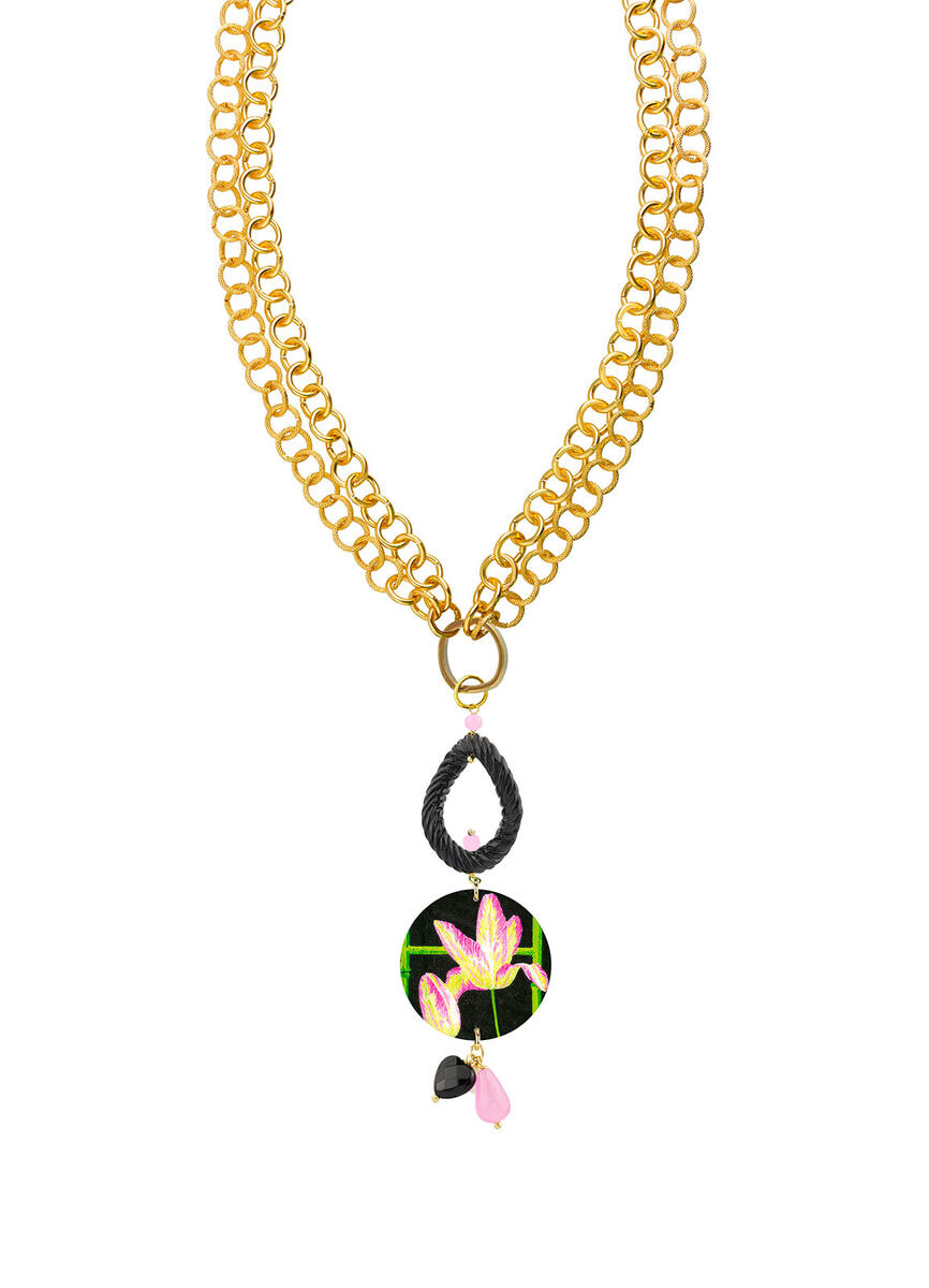 Collana Fiore Rosa Fondo Nero Con Anello Apribile Rosa - Lebole Maison