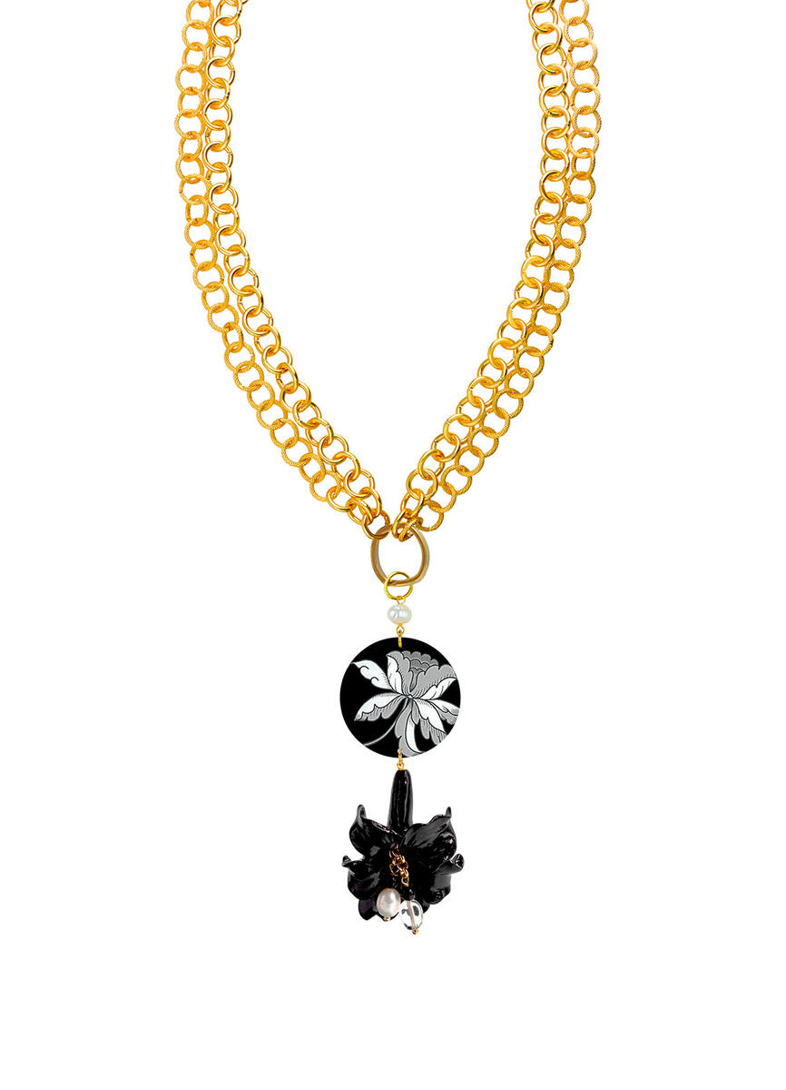 Collana Fiore Bianco Fondo Nero Con Anello Apribile Perla - Lebole Maison