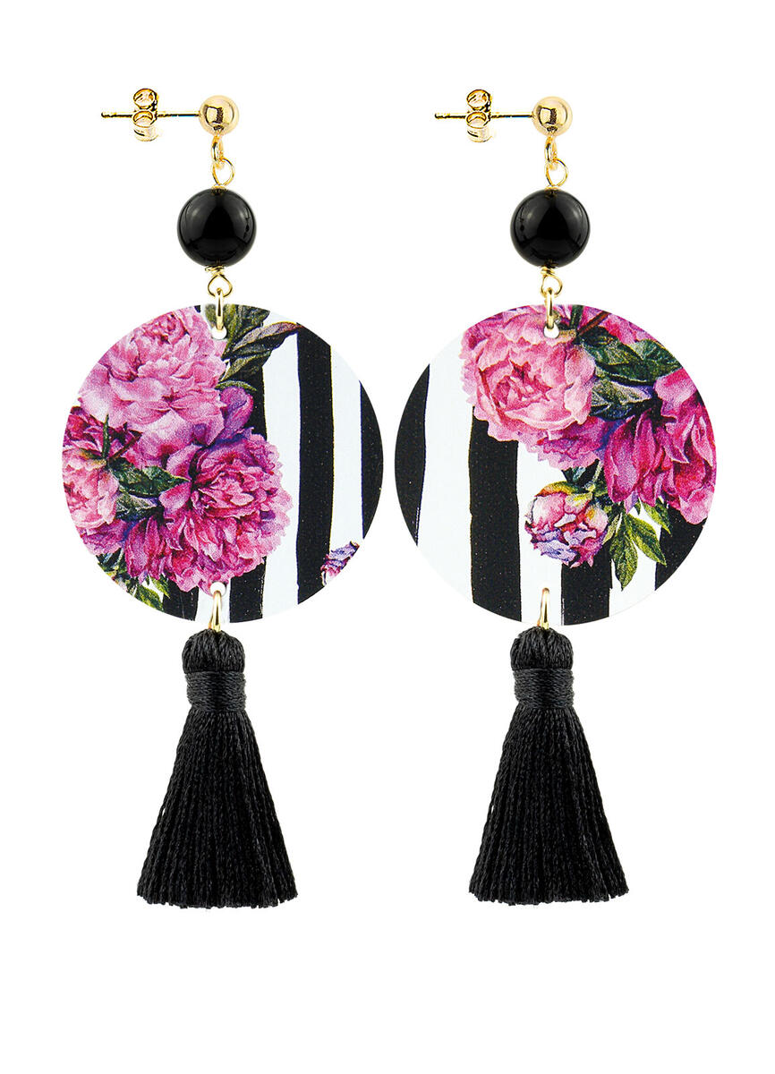 Orecchini Circle Classico Fiore Fucsia Nappa Nera - Lebole Maison