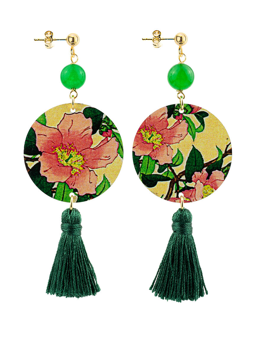 Circle Small Flower Green Tassel Earrings - Lebole Maison