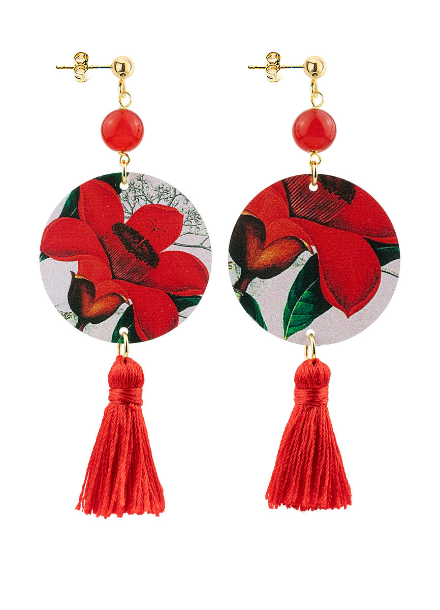 Circle Earrings Small Red Flower Red Tassel - Lebole Maison