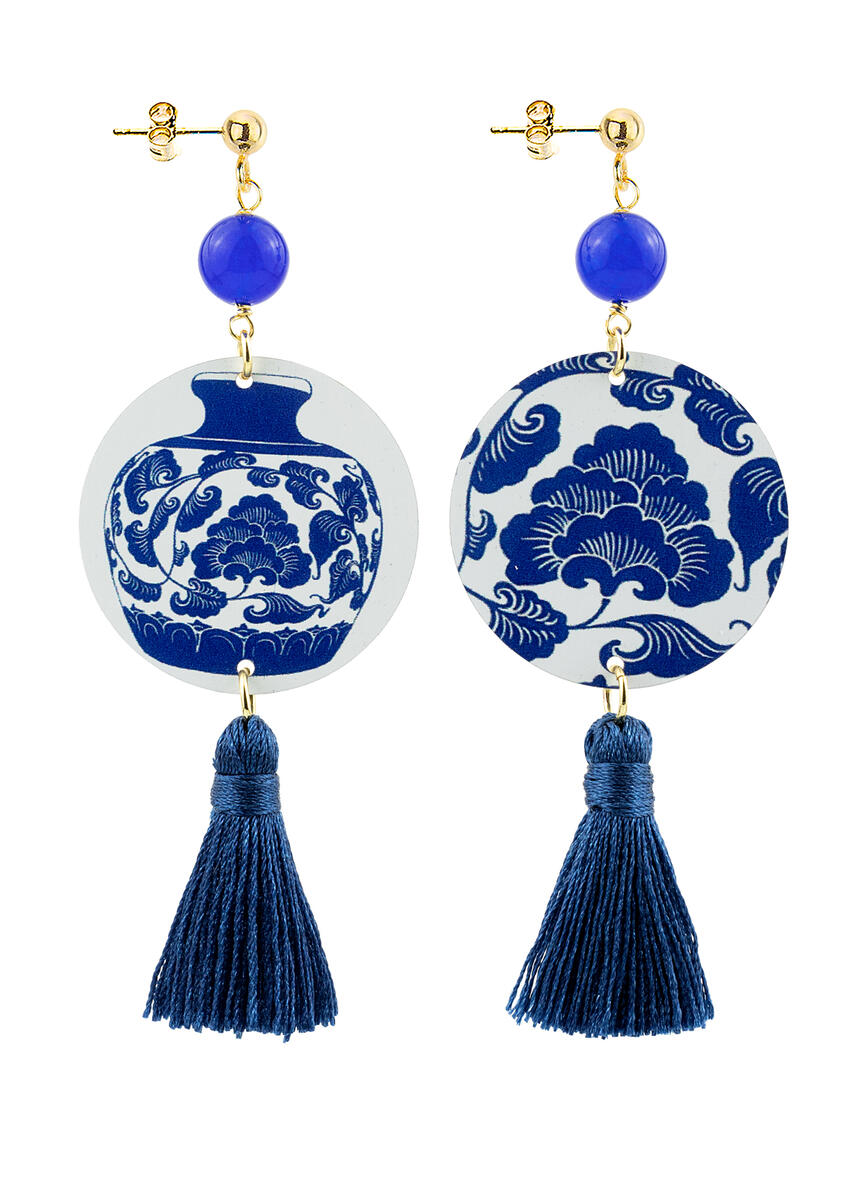 Circle Earrings Small Vase Blue Tassel - Lebole Maison