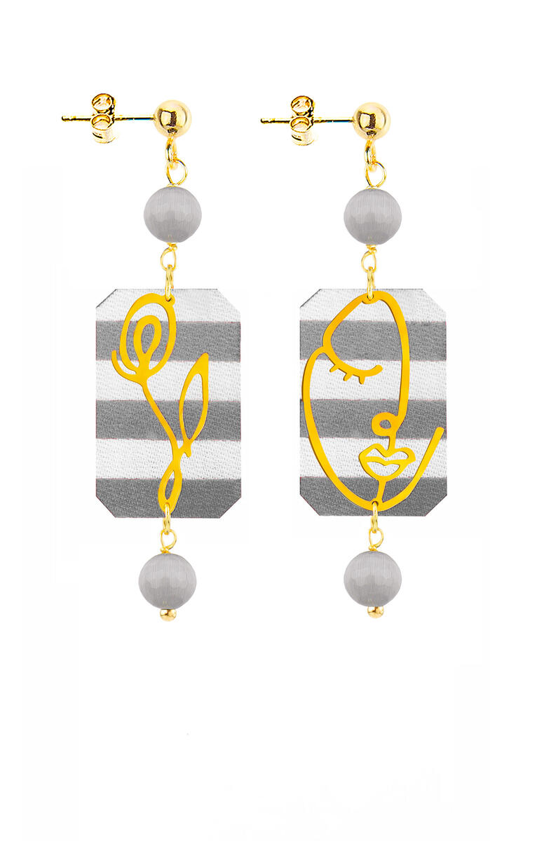 Orecchini Viso E Fiore Mini Righe Grigio - Lebole Maison