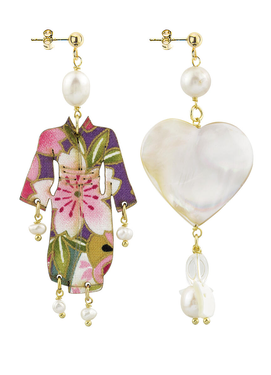 Kimono And Small Mother Of Pearl Heart Earrings - Lebole Maison