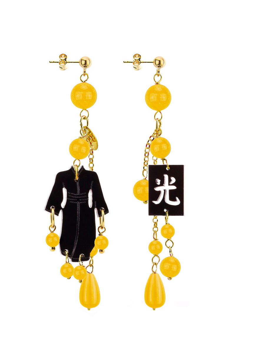 Orecchini Kimono Plexi Nero Ciuffo Corto Giallo - Lebole Maison
