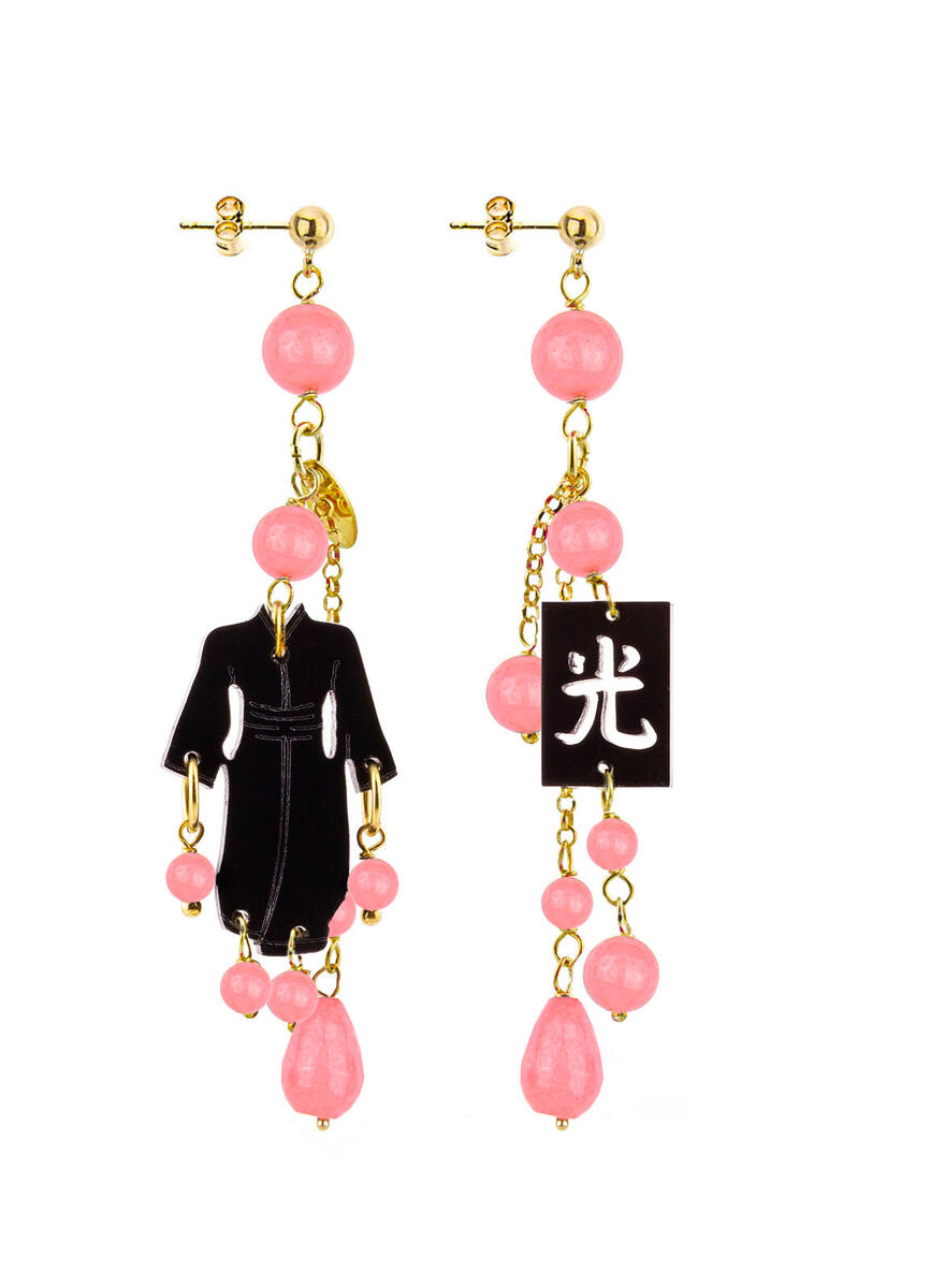 Kimono Earrings Plexi Black Short Tuft Pink Shaded - Lebole Maison