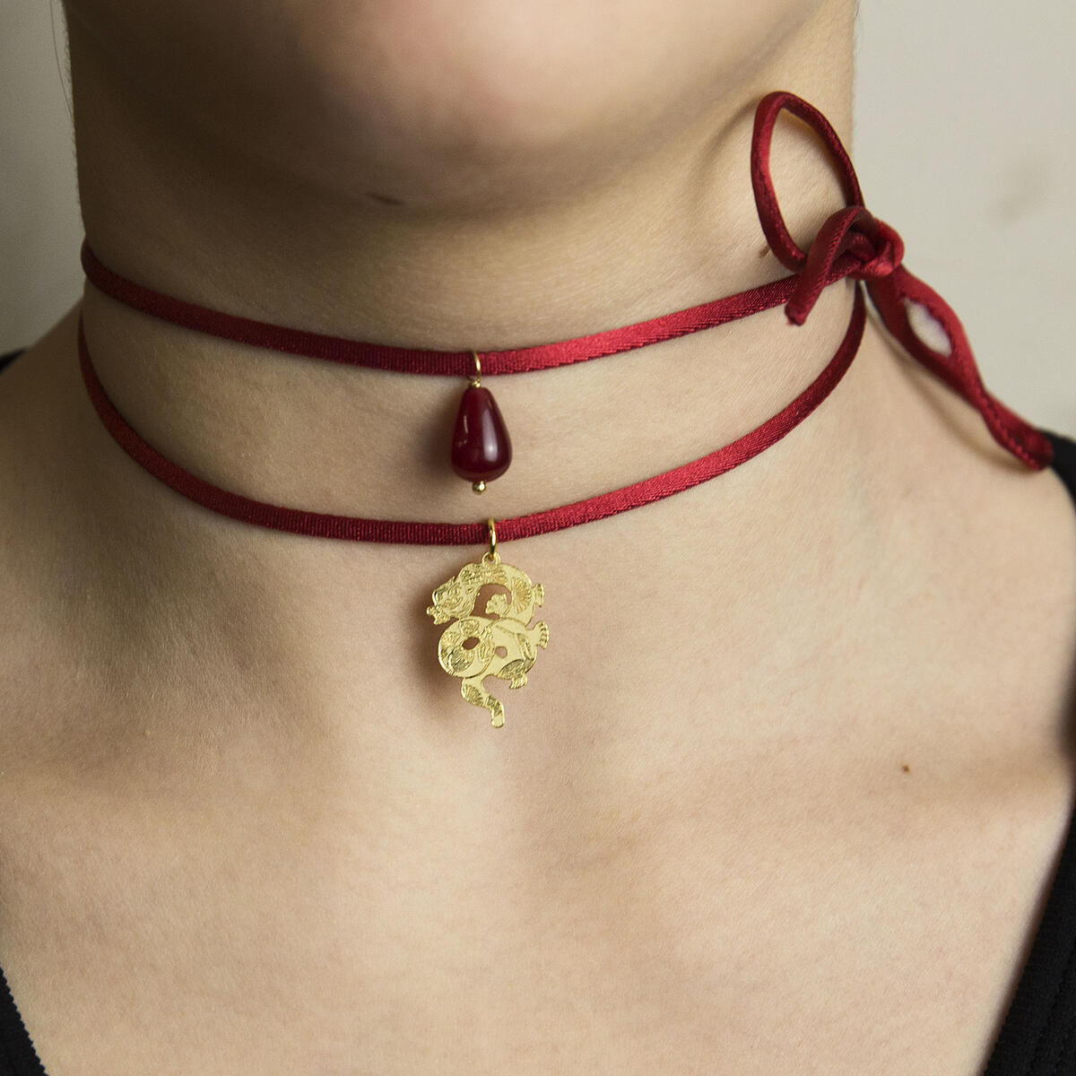 Ruby Dragon Fabric Necklace - Lebole Maison