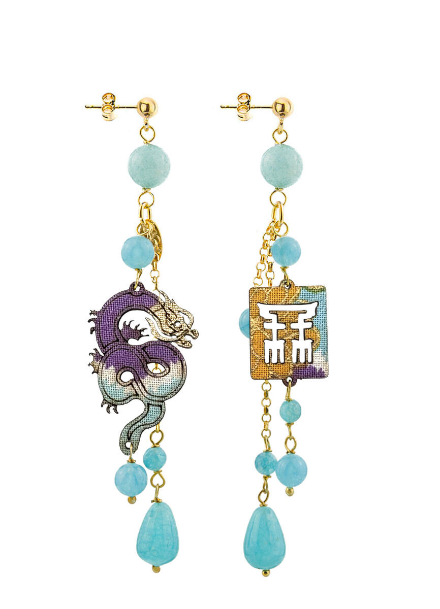 Short Tuft Dragon Earrings In Light Blue Shaded - Lebole Maison