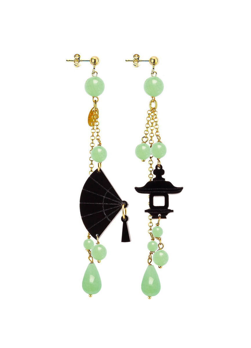 Orecchini Ventaglio Plexi Nero Ciuffo Corto Verde Giada - Lebole Maison