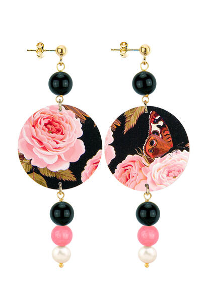 Orecchini Fiore E Farfalla Nero Rosa Sfumato Perla - Lebole Maison