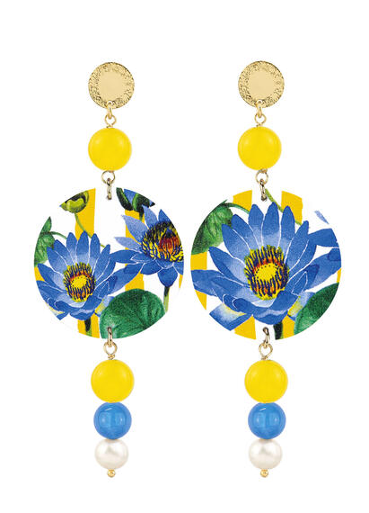 Orecchini Fiore Giallo Azzurro E Perla - Lebole Maison