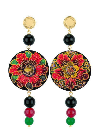 Orecchini Fiore Rosso Nero Rubino E Verde - Lebole Maison