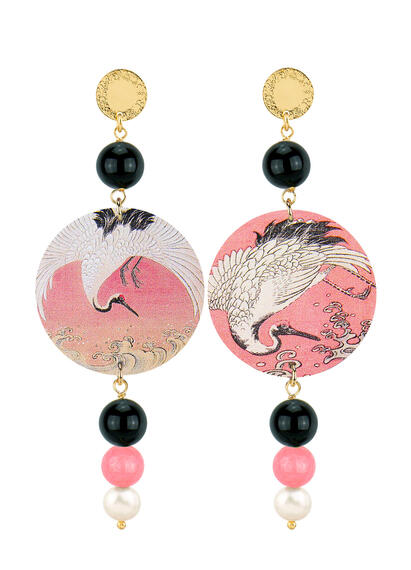 Orecchini Airone Bianco Nero Rosa Sfaccettato E Perla - Lebole Maison