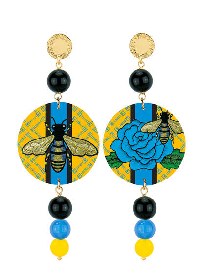 Orecchini Ape Righe Nero Azzurro E Giallo - Lebole Maison