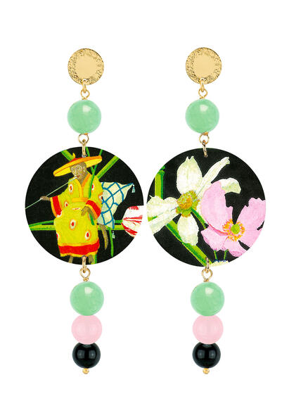 Orecchini Scimmia Orientale Verde Giada Rosa Nero - Lebole Maison