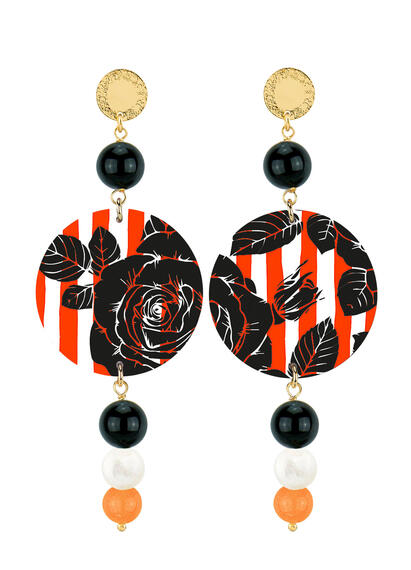 Orecchini Fiore E Righe Nero Perla E Arancione Chiaro - Lebole Maison