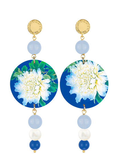 Orecchini Fiore Bianco Celeste Perla E Blu - Lebole Maison