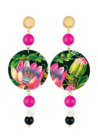 Orecchini Fiore Multicolore Fucsia Perla E Nero - Lebole Maison