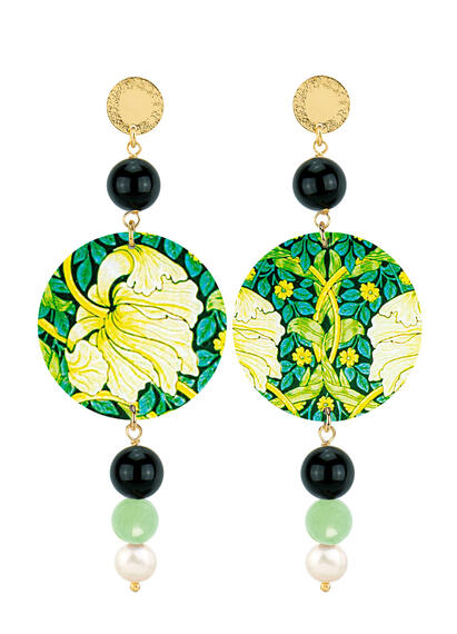 Orecchini Fiore Bianco Nero Verde Giada E Perla - Lebole Maison