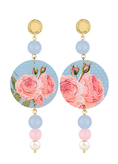Orecchini Rose Rosa Fondo Pois Celeste Rosa E Perla - Lebole Maison