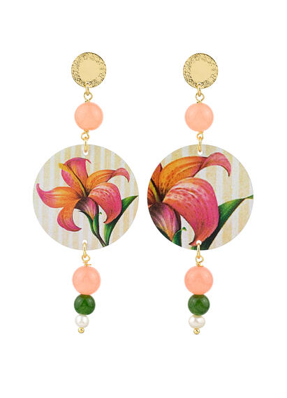 Orecchini Fiore Arancione Verde Oliva Perla - Lebole Maison