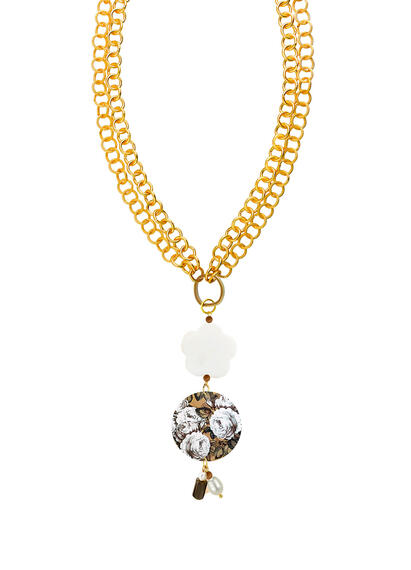 Collana Fiori Bianchi Fondo Beige Con Anello Apribile Marrone - Lebole Maison