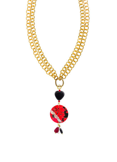 Collana Airone Bianco Fondo Rosso Con Anello Apribile Rubino - Lebole Maison