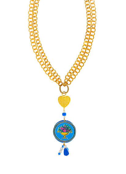 Collana Vaso Fiori Fondo Azzurro Con Anello Apribile Perla - Lebole Maison