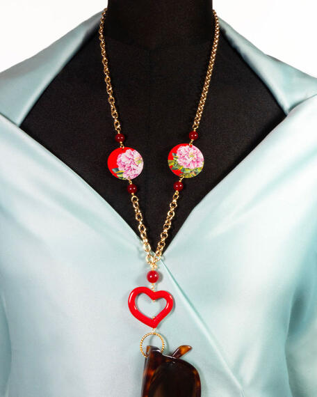 Small Ruby Red Background Pink Flower Eyeglass Chain - Lebole Maison