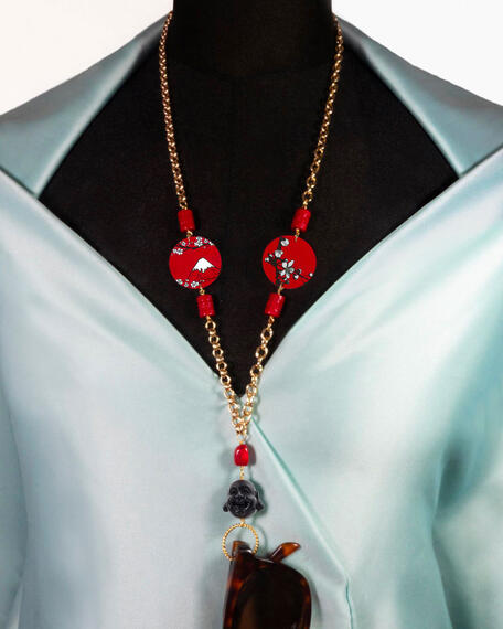 Catena Per Occhiali Ramo Fiori Fondo Rosso Piccolo Rubino - Lebole Maison