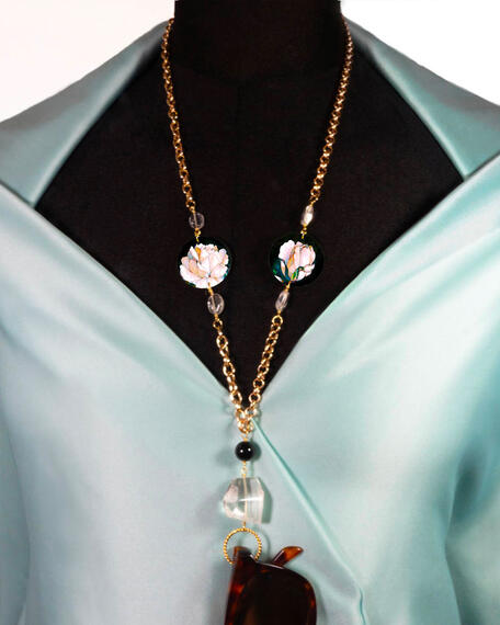 Glasses Chain White Flower Black Background Small Transparent Stone - Lebole Maison