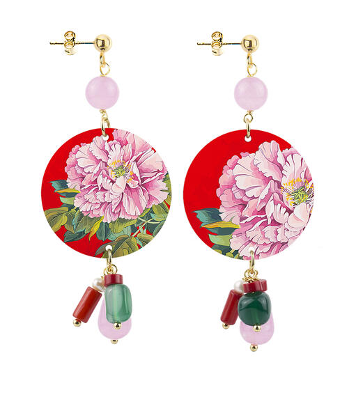 Orecchini Fiore Fondo Rosso Piccolo Rosa - Lebole Maison