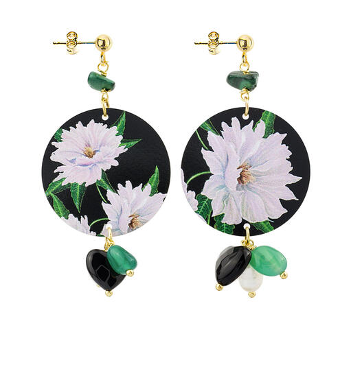 Orecchini Fiori Bianchi Fondo Nero Piccolo Verde - Lebole Maison