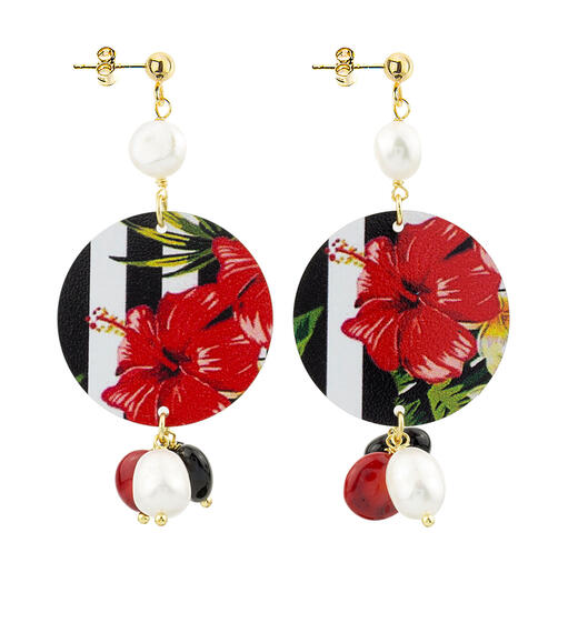 Orecchini  Fiori Rossi Righe Nere Piccolo Perla - Lebole Maison