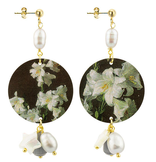 Orecchini Fiori Bianchi Fondo Marrone Piccolo Perla - Lebole Maison