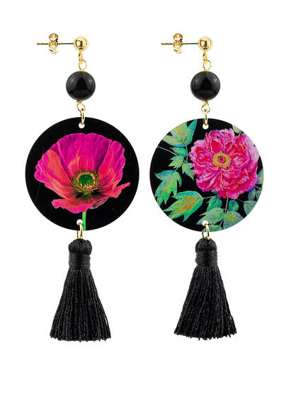 Orecchini Circle Piccolo Fiore Fucsia Nappa Nero - Lebole Maison