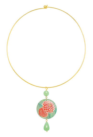 Classic Orange And Jade Green Flower Rigid Necklace - Lebole Maison