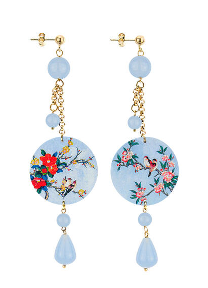Orecchini Ciuffo Uccelli E Fiori Classico Celeste - Lebole Maison