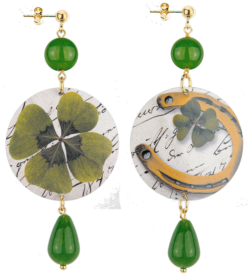 Earrings Cloverleaf And Horseshoe Olive Green Classic - Lebole Maison