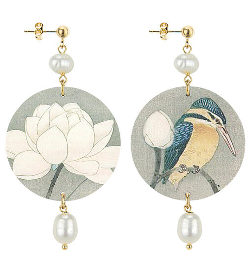 Orecchini Fiore Bianco E Uccello Fondo Grigio Classico Perla - Lebole Maison