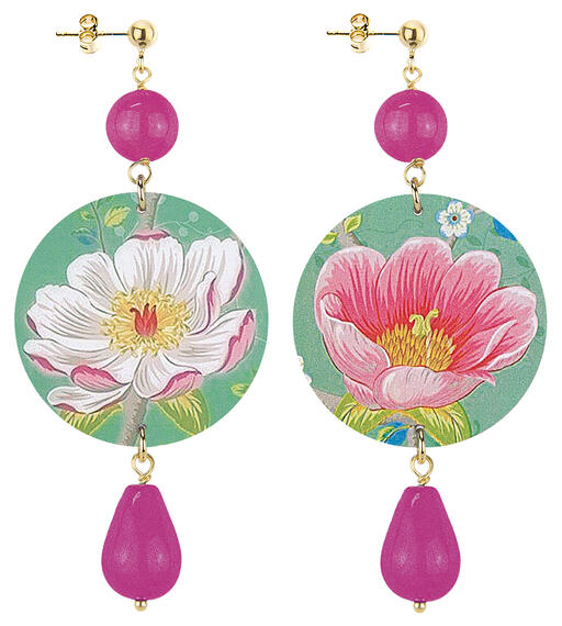 Orecchini Fiore Rosa Fondo Verde Giada Classico Fucsia - Lebole Maison