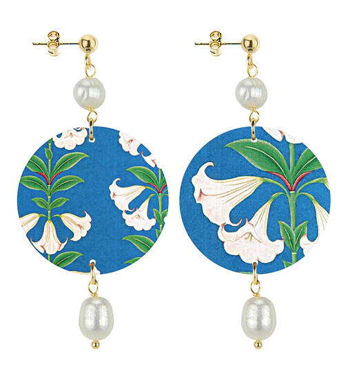 Orecchini Giglio Bianco Fondo Azzurro Piccolo Perla - Lebole Maison