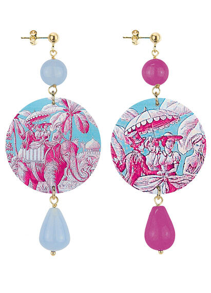 Orecchini Toile De Jouy Classico Celeste E Fucsia - Lebole Maison