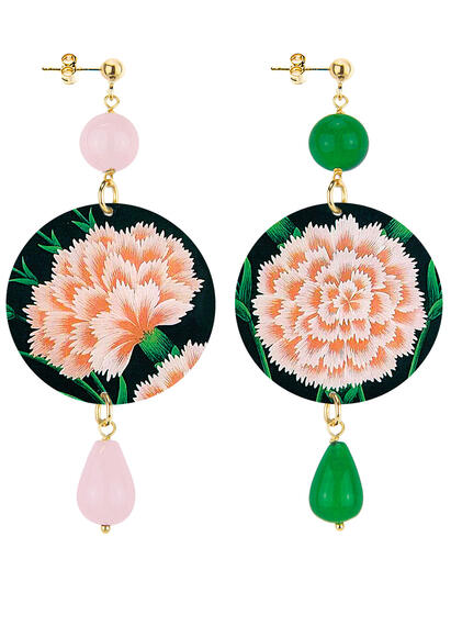 Orecchini Fiore Fondo Nero Classico Verde E Rosa - Lebole Maison