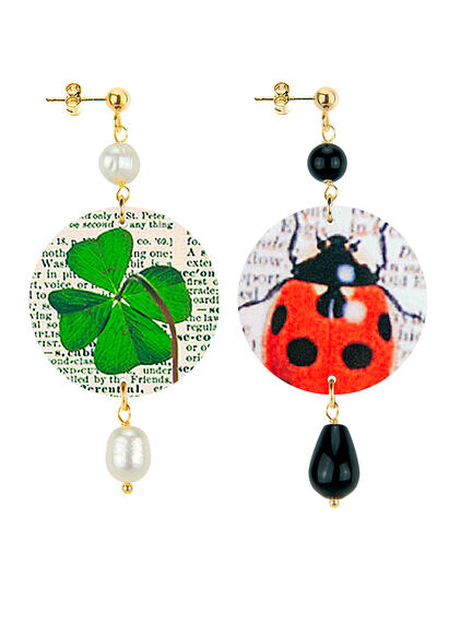 Orecchini Quadrifoglio E Coccinella Piccolo Perla E Nero - Lebole Maison