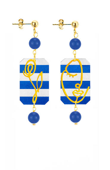 Orecchini Viso E Fiore Mini Righe Blu - Lebole Maison