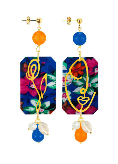 Orecchini Viso E Fiore Fiori Blu E Arancione - Lebole Maison