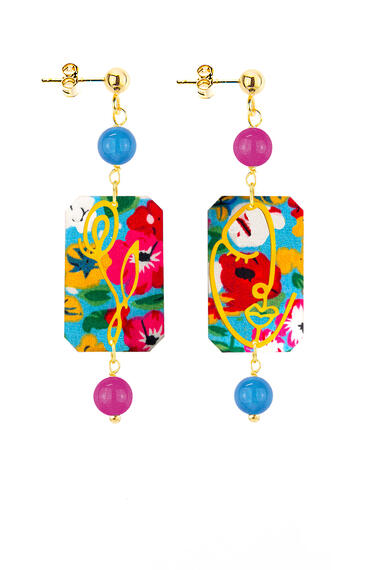 Orecchini Viso E Quadrifoglio Fiori Mini Azzurro E Fucsia - Lebole Maison