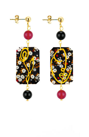 Orecchini Viso E Quadrifoglio Fiori Mini Rubino E Nero - Lebole Maison