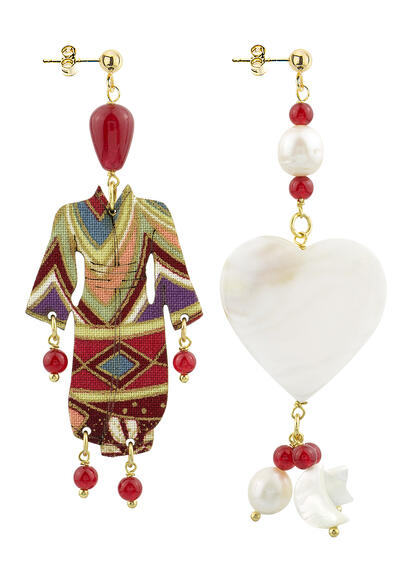 Kimono And Small Ruby Mother Of Pearl Heart Earrings - Lebole Maison